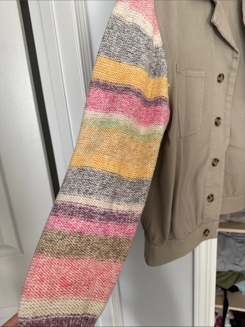French Connection Beige Utility Jacket with Multicolor Striped Knit Sleeves - Picture 3 of 4